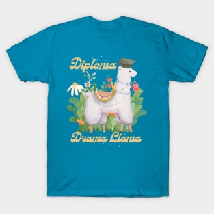 College Graduation Funny Quote Diploma Drama Llama, Cute Gold Green Waterolor Alpaca in Floral Grassy Bush T-Shirt